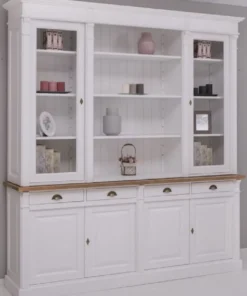 Casa Padrino Landhausstil Esszimmerschrank Weiß / Braun 223 x 51 x H. 240 cm - Massivholz Schrank - Küchenschrank - Landhausstil Esszimmer Möbel