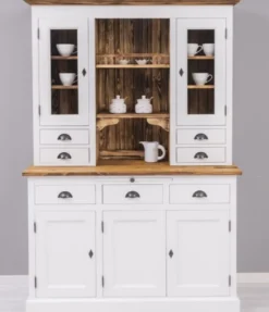 Casa Padrino Landhausstil Esszimmerschrank Weiß / Braun 137 x 50 x H. 197 cm - Massivholz Küchenschrank - Esszimmer Möbel im Landhausstil - Landhausstil Esszimmer Einrichtung