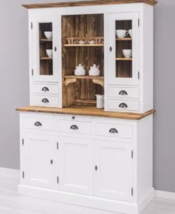 Casa Padrino Landhausstil Esszimmerschrank Weiß / Braun 137 x 50 x H. 197 cm - Massivholz Küchenschrank - Esszimmer Möbel im Landhausstil - Landhausstil Esszimmer Einrichtung