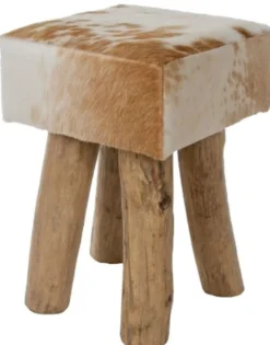 Casa Padrino Landhausstil Fellhocker Braun / Weiß / Naturfarben 30 x 30 x H. 45 cm - Sitzhocker mit Massivholz Beinen