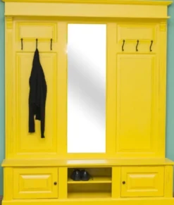 Casa Padrino Landhausstil Garderobe Antik Gelb 180 x 41 x H. 210 cm - Massivholz Garderobenschrank mit Spiegel - Landhausstil Garderobenmöbel