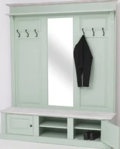 Casa Padrino Landhausstil Garderobe Mintgrün / Grau 180 x 41 x H. 210 cm - Massivholz Garderobenschrank mit Spiegel - Massivholz Garderobenmöbel - Landhausstil Garderobenmöbel