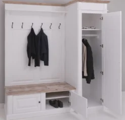 Casa Padrino Landhausstil Garderobenschrank Weiß / Naturfarben 205 x 65 x H. 210 cm - Massivholz Garderobe - Flur Schrank - Flurmöbel - Garderoben Möbel - Massivholz Möbel - Landhausstil Möbel