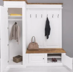 Casa Padrino Landhausstil Garderobenschrank Weiß / Braun 205 x 65 x H. 210 cm - Massivholz Garderobe - Flur Schrank - Flurmöbel - Garderoben Möbel - Massivholz Möbel - Landhausstil Möbel