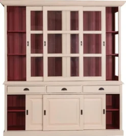 Casa Padrino Landhausstil Küchenschrank Antik Cremefarben / Rot 206 x 53 x H. 219 cm - 2 Teiliger Küchenschrank mit 6 Schiebetüren und 3 Schubladen