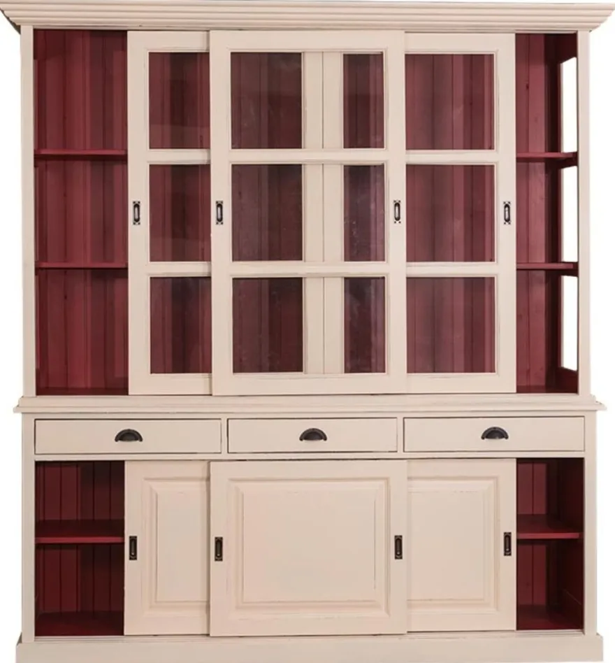 Casa Padrino Landhausstil Küchenschrank Antik Cremefarben / Rot 206 x 53 x H. 219 cm - 2 Teiliger Küchenschrank mit 6 Schiebetüren und 3 Schubladen