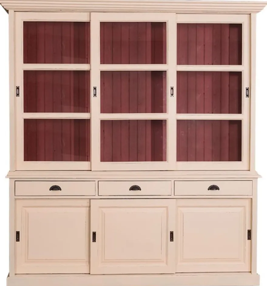 Casa Padrino Landhausstil Küchenschrank Antik Cremefarben / Rot 206 x 53 x H. 219 cm - 2 Teiliger Küchenschrank mit 6 Schiebetüren und 3 Schubladen
