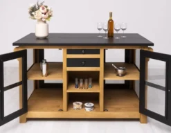 Casa Padrino Landhausstil Kücheninsel Schwarz / Naturfarben 150 x 90 x H. 90 cm - Massivholz Küchenschrank - Landhausstil Massivholz Küchen Möbel - Massivholz Esszimmer Möbel im Landhausstil