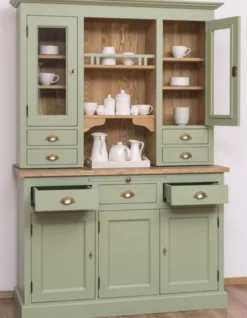 Casa Padrino Landhausstil Küchenschrank Grün / Braun 137 x 50 x H. 197 cm - 2 Teiliger Küchenschrank mit 5 Türen und 7 Schubladen - Landhausstil Küchenmöbel
