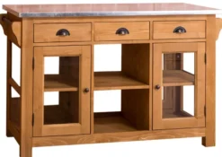 Casa Padrino Landhausstil Kücheninsel mit zerzinkter Arbeitsplatte Naturfarben / Silber 135 x 65 x H. 90 cm - Landhausstil Küchenschrank mit 4 Glastüren und 6 Schubladen