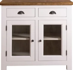 Casa Padrino Landhausstil Küchenschrank mit 2 Glastüren und 2 Schubladen Weiß / Grau / Braun 100 x 65 x H. 90 cm - Küchenmöbel im Landhausstil