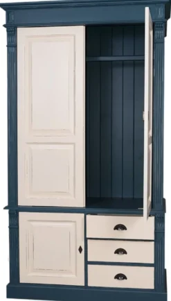 Casa Padrino Landhausstil Kleiderschrank Antik Blau / Antik Cremefarben 120 x 59 x H. 210 cm - Massivholz Schlafzimmerschrank mit 3 Türen und 3 Schubladen - Landhausstil Schlafzimmermöbel