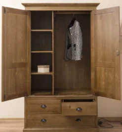 Casa Padrino Landhausstil Kleiderschrank Braun 121 x 59 x H. 197 cm - Massivholz Schlafzimmerschrank mit 2 Türen und 3 Schubladen - Landhausstil Schlafzimmer Möbel