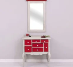Casa Padrino Landhausstil Kommode mit Spiegel Hellgrau / Rot - Massivholz Schrank mit Wandspiegel - Landhausstil Garderoben Möbel