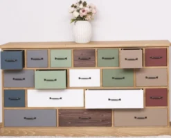 Casa Padrino Landhausstil Kommode Hellbraun / Mehrfarbig 180 x 48 x H. 95 cm - Massivholz Schrank mit 19 Schubladen - Landhausstil Möbel