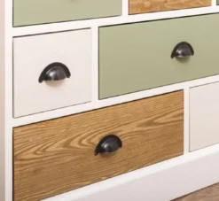 Casa Padrino Landhausstil Kommode Weiß / Grün / Naturfarben 180 x 48 x H. 95 cm - Massivholz Schrank mit 19 Schubladen - Landhausstil Möbel - Möbel im Landhausstil - Landhausstil Einrichtung
