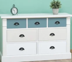 Casa Padrino Landhausstil Kommode mit 7 Schubladen Weiß / Creme / Hellblau 122 x 41 x H. 75 cm - Massivholz Möbel