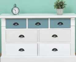 Casa Padrino Landhausstil Kommode mit 7 Schubladen Weiß / Creme / Hellblau 122 x 41 x H. 75 cm - Massivholz Möbel