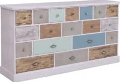 Casa Padrino Landhausstil Kommode Hellgrau / Mehrfarbig 180 x 48 x H. 95 cm - Massivholz Schrank mit 19 Schubladen - Landhausstil Möbel - Möbel im Landhausstil - Landhausstil Einrichtung