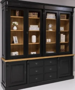 Casa Padrino Landhausstil Massivholz Schrank Schwarz / Naturfarben 223 x 51 x H. 228 cm - Bücherschrank - Regalschrank - Landhausstil Massivholz Möbel