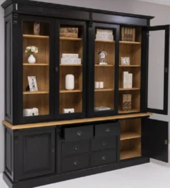 Casa Padrino Landhausstil Massivholz Schrank Schwarz / Naturfarben 223 x 51 x H. 228 cm - Bücherschrank - Regalschrank - Landhausstil Massivholz Möbel