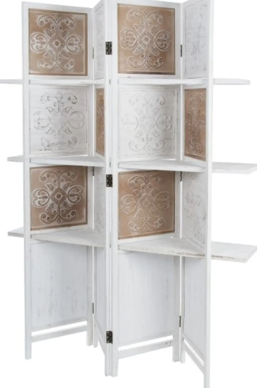 Casa Padrino Landhausstil Raumteiler mit 3 Regalen Antik Weiß / Antik Braun 155 x 2 x H. 181 cm - Shabby Chic Paravent Sichtschutz Trennwand
