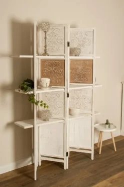 Casa Padrino Landhausstil Raumteiler mit 3 Regalen Antik Weiß / Antik Braun 155 x 2 x H. 181 cm - Shabby Chic Paravent Sichtschutz Trennwand