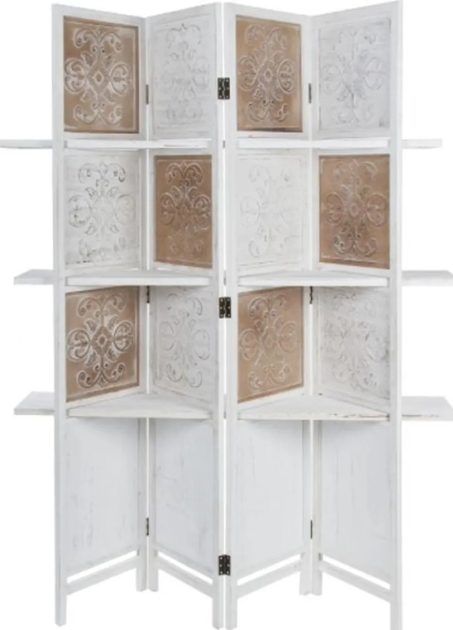 Casa Padrino Landhausstil Raumteiler mit 3 Regalen Antik Weiß / Antik Braun 155 x 2 x H. 181 cm - Shabby Chic Paravent Sichtschutz Trennwand