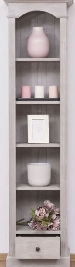 Casa Padrino Landhausstil Regalschrank Hellgrau 50 x 33 x H. 190 cm - Massivholz Schrank mit 4 Regalen und Schublade - Landhausstil Möbel