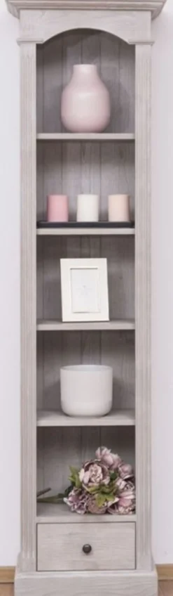 Casa Padrino Landhausstil Regalschrank Hellgrau 50 x 33 x H. 190 cm - Massivholz Schrank mit 4 Regalen und Schublade - Landhausstil Möbel