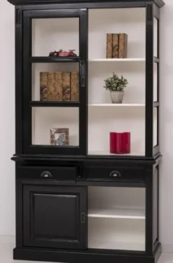 Casa Padrino Landhausstil Schrank Schwarz / Weiß 128 x 51 x H. 220 cm - Massivholz Vitrine mit 4 Schiebetüren und 2 Schubladen - Landhausstil Massivholz Möbel