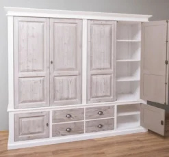 Casa Padrino Landhausstil Schlafzimmerschrank Weiß / Naturfarben 232 x 59 x H. 197 cm - Massivholz Kleiderschrank mit 6 Türen und 4 Schubladen - Massivholz Schlafzimmer Möbel im Landhausstil