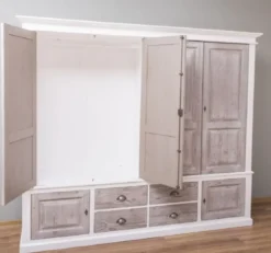 Casa Padrino Landhausstil Schlafzimmerschrank Weiß / Naturfarben 232 x 59 x H. 197 cm - Massivholz Kleiderschrank mit 6 Türen und 4 Schubladen - Massivholz Schlafzimmer Möbel im Landhausstil