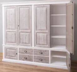 Casa Padrino Landhausstil Schlafzimmerschrank Weiß / Naturfarben 232 x 59 x H. 197 cm - Massivholz Kleiderschrank mit 6 Türen und 4 Schubladen - Massivholz Schlafzimmer Möbel im Landhausstil