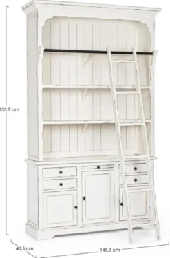 Casa Padrino Landhausstil Schrank mit Leiter Antik Weiß 143,5 x 40,6 x H. 233,7 cm - Bücherschrank - Regalschrank - Wohnzimmerschrank - Büroschrank - Landhausstil Möbel
