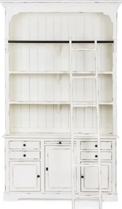 Casa Padrino Landhausstil Schrank mit Leiter Antik Weiß 143,5 x 40,6 x H. 233,7 cm - Bücherschrank - Regalschrank - Wohnzimmerschrank - Büroschrank - Landhausstil Möbel