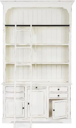 Casa Padrino Landhausstil Schrank mit Leiter Antik Weiß 143,5 x 40,6 x H. 233,7 cm - Bücherschrank - Regalschrank - Wohnzimmerschrank - Büroschrank - Landhausstil Möbel