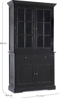 Casa Padrino Landhausstil Schrank Antik Schwarz 111,4 x 42,5 x H. 203 cm - Landhausstil Esszimmerschrank mit 4 Türen und 2 Schubladen - Landhausstil Vitrine - Landhausstil Esszimmer Möbel