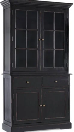 Casa Padrino Landhausstil Schrank Antik Schwarz 111,4 x 42,5 x H. 203 cm - Landhausstil Esszimmerschrank mit 4 Türen und 2 Schubladen - Landhausstil Vitrine - Landhausstil Esszimmer Möbel