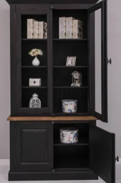 Casa Padrino Landhausstil Schrank Schwarz / Rot / Braun 120 x 50 x H. 228 cm - Massivholz Vitrine - Landhausstil Massivholz Möbel