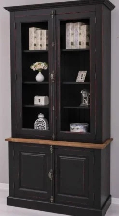 Casa Padrino Landhausstil Schrank Schwarz / Rot / Braun 120 x 50 x H. 228 cm - Massivholz Vitrine - Landhausstil Massivholz Möbel