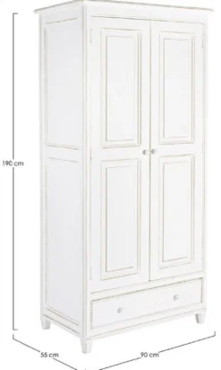 Casa Padrino Landhausstil Schlafzimmerschrank Antik Weiß 90 x 55 x H. 190 cm - Massivholz Kleiderschrank mit 2 Türen und Schublade - Massivholz Schlafzimmer Möbel im Landhausstil