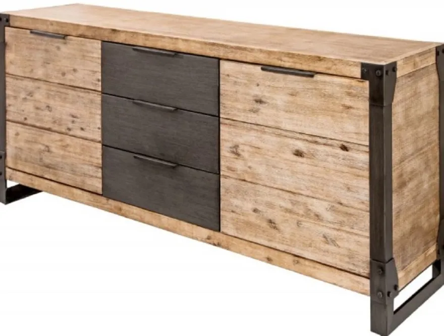 Casa Padrino Landhausstil Sideboard Naturfarben / Grau / Anthrazit 180 x 45 x H. 80 cm - Massivholz Schrank mit 2 Türen und 3 Schubladen - Wohnzimmer Möbel