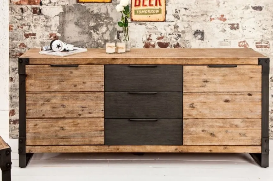 Casa Padrino Landhausstil Sideboard Naturfarben / Grau / Anthrazit 180 x 45 x H. 80 cm - Massivholz Schrank mit 2 Türen und 3 Schubladen - Wohnzimmer Möbel
