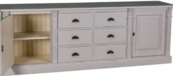 Casa Padrino Landhausstil Sideboard Antik Grau / Cremefarben 219 x 51 x H. 78 cm - Massivholz Schrank mit 2 Türen und 6 Schubladen - Landhausstil Massivholz Möbel