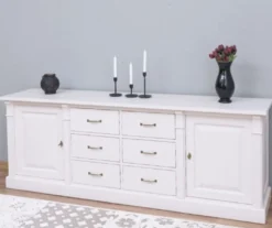 Casa Padrino Landhausstil Sideboard Weiß 219 x 51 x H. 78 cm - Massivholz Schrank mit 2 Türen und 6 Schubladen - Landhausstil Massivholz Möbel