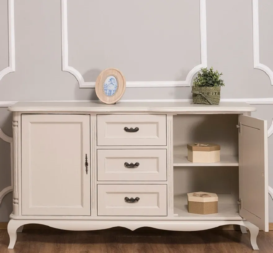 Casa Padrino Landhausstil Sideboard mit 2 Türen und 3 Schubladen Antik Hellgrau 158 x 48 x H. 89 cm - Landhausstil Möbel