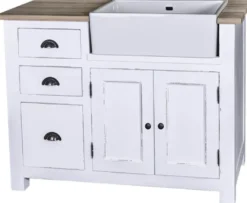 Casa Padrino Landhausstil Spülenschrank mit 2 Türen und 3 Schubladen Antik Weiß / Naturfarben 118 x 65 x H. 90 cm - Shabby Chic Küchenmöbel