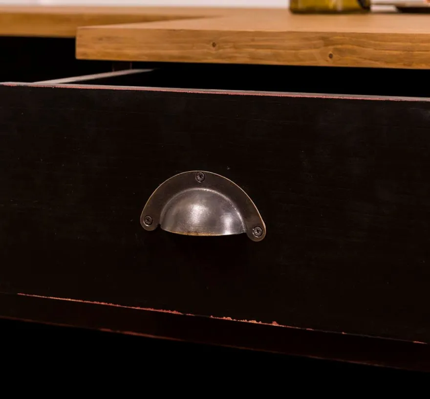 Casa Padrino Landhausstil Thekenschrank Antik Schwarz / Naturfarben 240 x 65 x H. 107 cm - Ladentheke mit Schubladen und Ablagefächer
