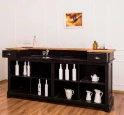 Casa Padrino Landhausstil Thekenschrank Antik Schwarz / Naturfarben 240 x 65 x H. 107 cm - Ladentheke mit Schubladen und Ablagefächer